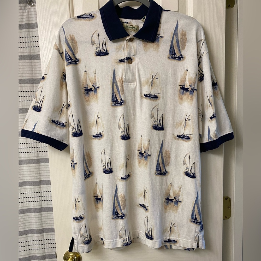 St. John's Bay Men's Graphic Sailboat Polo Style Shirt - Nautical size Large